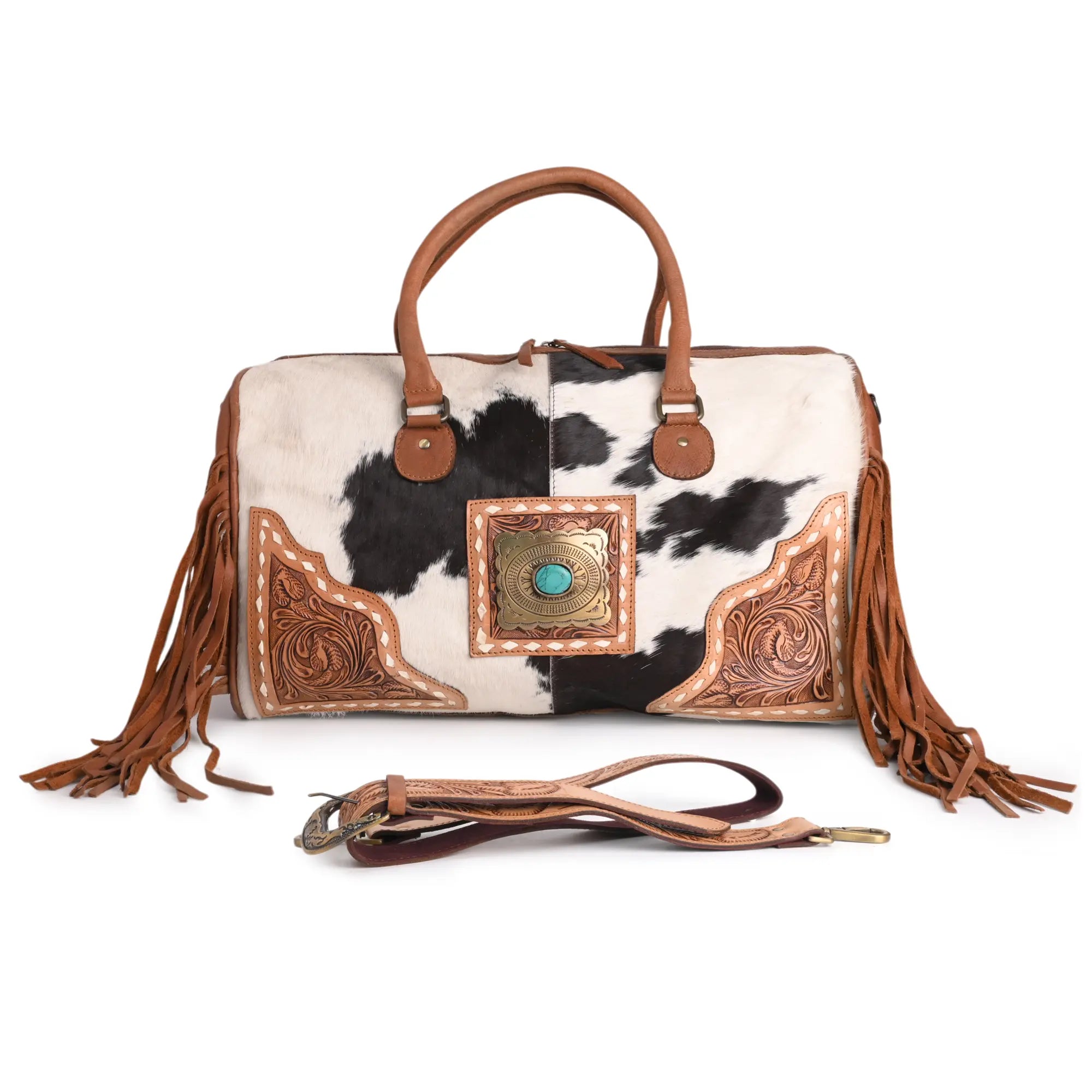 Western Tooled Leather Duffel Bag with Fringe - abitoamerica